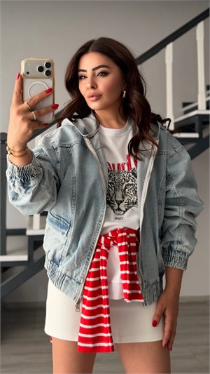 Light Blue Original Brand Hooded Bomber Jacket