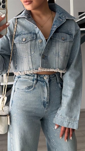 Açık Mavi Taşlı Crop Denim Ceket