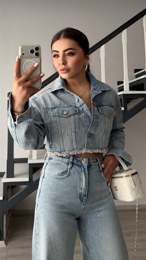 Açık Mavi Taşlı Crop Denim Ceket