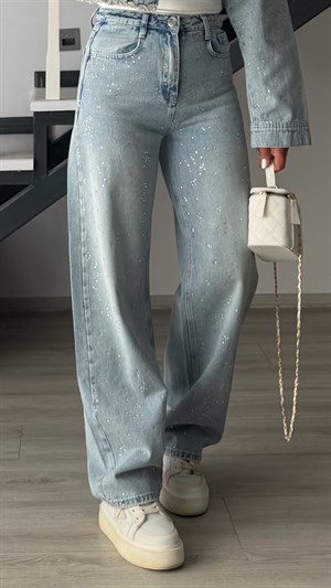 Açık Mavi Taşlı Wide Leg Jean
