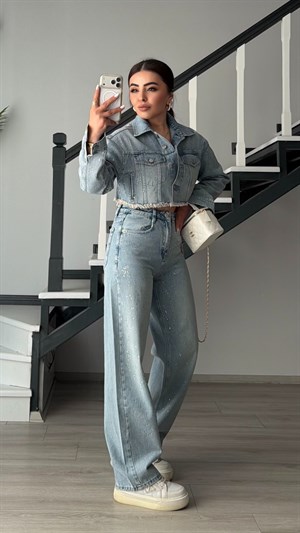 Açık Mavi Taşlı Wide Leg Jean