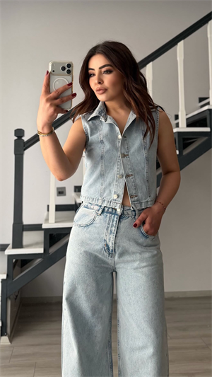 Açık Mavi Yelek-Pantolon Denim Takım