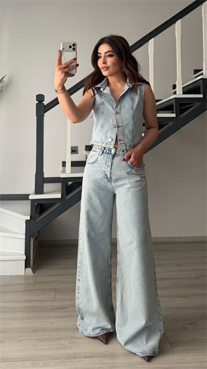 Açık Mavi Yelek-Pantolon Denim Takım