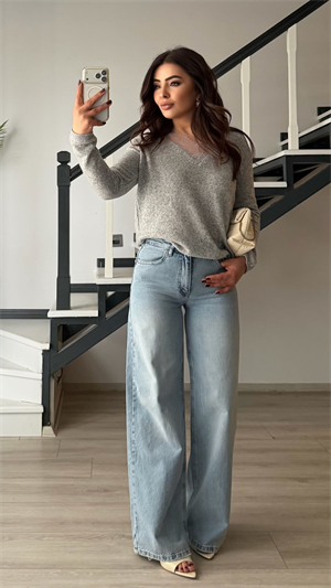 Açık Mavi Yıkamalı Kemerli Wide Leg Jean