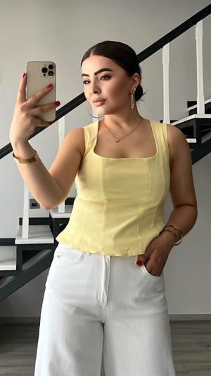 Açık Sarı Peplum Korse Bluz