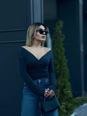 Anthracite Asymmetrical Shoulder Detail Wrap Blouse