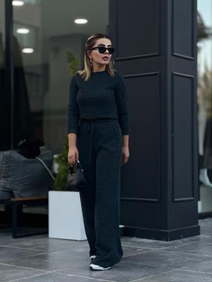 Antrasit Beli Lastikli Bol Paça Pantolonlu Crop Takım