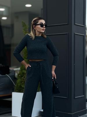 Antrasit Beli Lastikli Bol Paça Pantolonlu Crop Takım