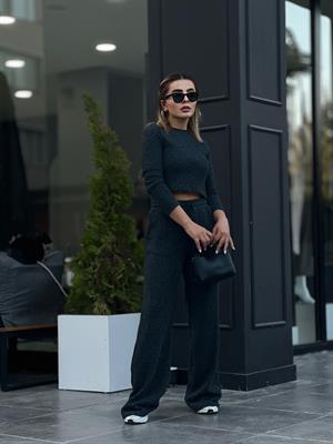 Antrasit Beli Lastikli Bol Paça Pantolonlu Crop Takım