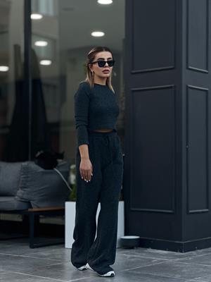 Antrasit Beli Lastikli Bol Paça Pantolonlu Crop Takım