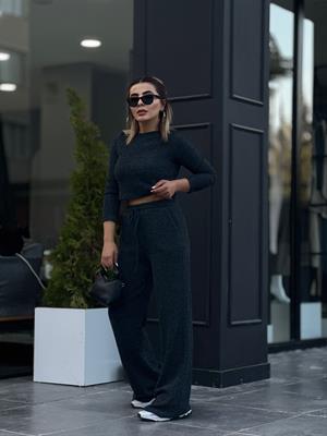 Antrasit Beli Lastikli Bol Paça Pantolonlu Crop Takım