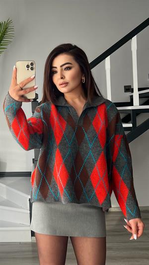 Antrasit - Kahve - Orange Baklava Desen Polo Yaka Kazak 