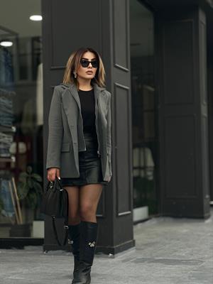 Antrasit Kapüşon Detaylı Fermuarlı Blazer Ceket 