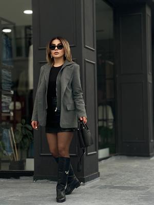 Antrasit Kapüşon Detaylı Fermuarlı Blazer Ceket 