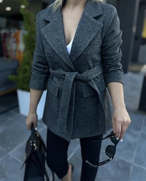 Antrasit Kuşaklı Kaşe Kaban 