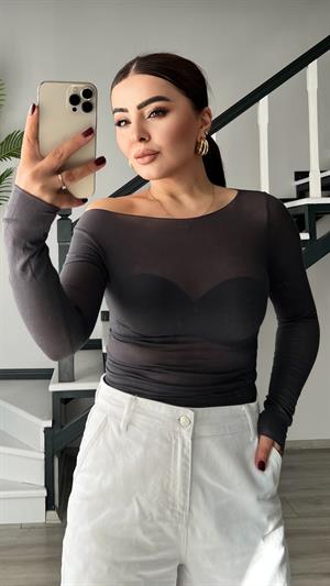 Antrasit Modal Kayık Yaka Transparan Bluz