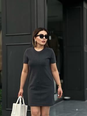 Antrasit Önden Dikişli Yumuşak Doku Kısa Kol Elbise