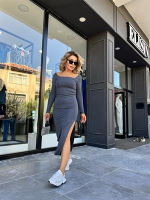Antrasit Sandy Kumaş Yırtmaçlı Maxi Boy Elbise