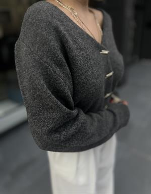 Anthracite V-Neck Cardigan with Gold Button Detail and Trim