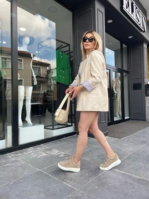 Astarı Çizgili Keten Blazer Ceket