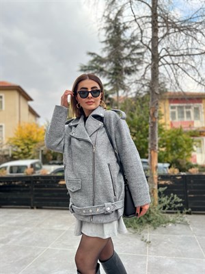 Gri Astarlı Yün Karışımlı Biker Mont