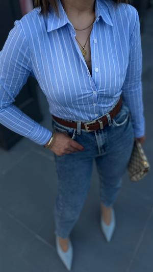 Bebe Mavi Çizgili Slim Fit Gömlek 