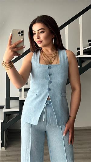 Baby Blue Square Neck Vest and Pants Set with Tie Detail