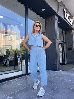 Baby Blue Linen Vest and Trousers Set
