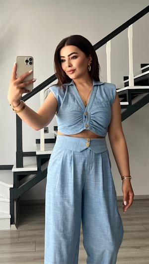 Bebe Mavi Omuz Vatka Detaylı Crop Bluz - Pantolon Takım
