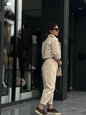 Bej %100 Pamuk Crop Ceket-Pantolon 2li Takım