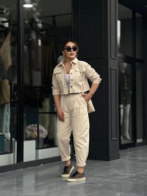 Bej %100 Pamuk Crop Ceket-Pantolon 2li Takım