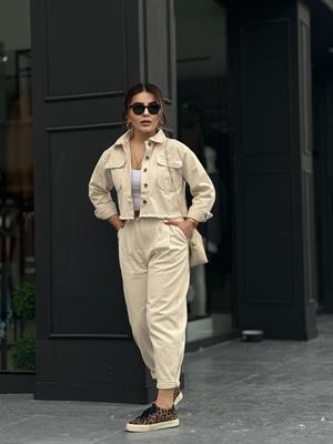 Bej %100 Pamuk Crop Ceket-Pantolon 2li Takım