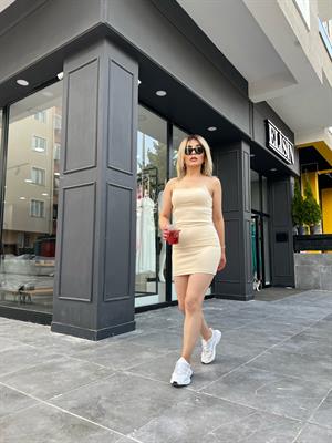 Bej Askılı Mini Elbise