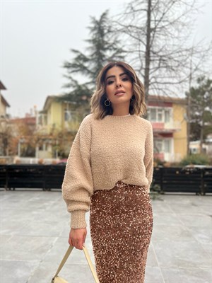 Bej Balon Kol Bisiklet Yaka Kazak