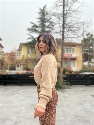 Bej Balon Kol Bisiklet Yaka Kazak