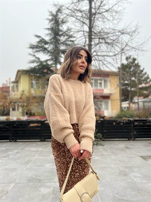 Bej Balon Kol Bisiklet Yaka Kazak
