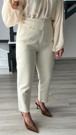 Bej Bel Detaylı Keten Pantolon 