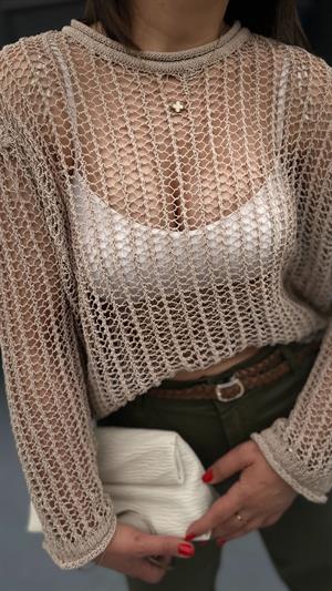 Beige Crew Neck Openwork Transparent Sweater