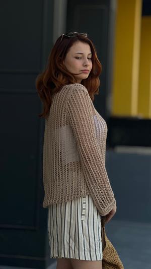 Beige Crew Neck Openwork Transparent Sweater