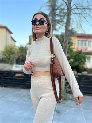 Bej Crop-Pantolon Triko Takım