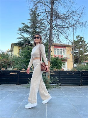 Bej Crop-Pantolon Triko Takım