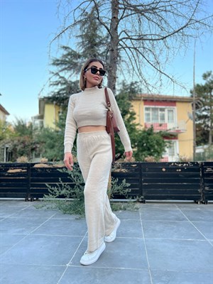 Bej Crop-Pantolon Triko Takım