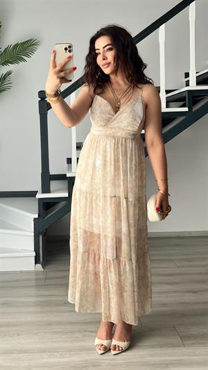 Bej Floral Desen Ayarlanabilir Askılı Şifon Elbise