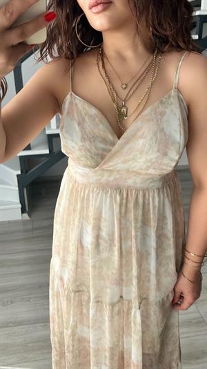 Bej Floral Desen Ayarlanabilir Askılı Şifon Elbise