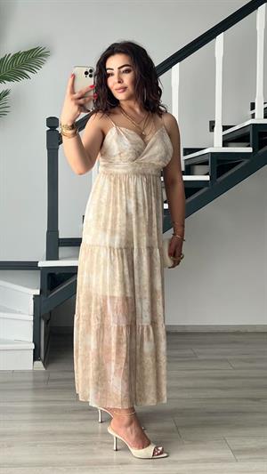Bej Floral Desen Ayarlanabilir Askılı Şifon Elbise