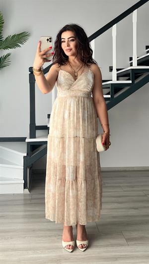 Bej Floral Desen Ayarlanabilir Askılı Şifon Elbise