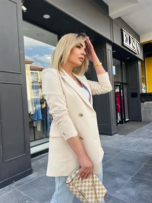 Bej Gold Düğmeli Atlas Kumaş Blazer Ceket