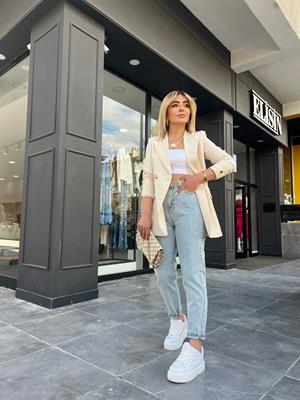 Bej Gold Düğmeli Atlas Kumaş Blazer Ceket