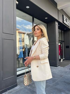 Bej Gold Düğmeli Atlas Kumaş Blazer Ceket