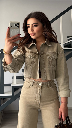 Bej Haki Yıkamalı Denim Crop Ceket